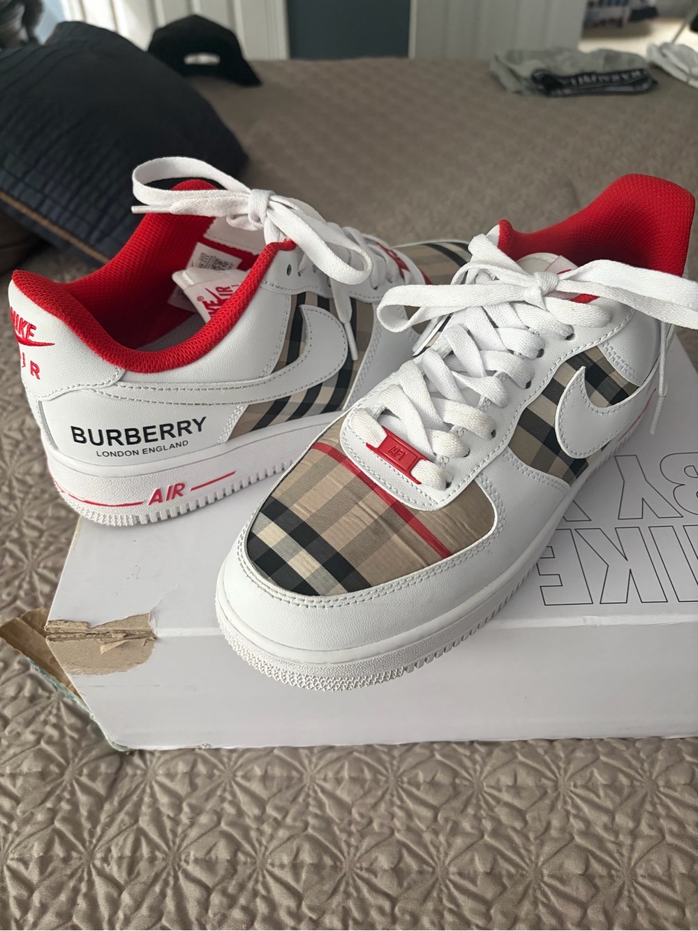 Nike Men's White, Red & Beige Plaid Athletic Sneakers/Burberry
